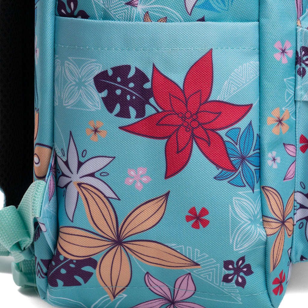 Close-up of a turquoise blue backpack right side pocket featuring a colorful tropical floral print with red, orange, purple, and pink flowers.