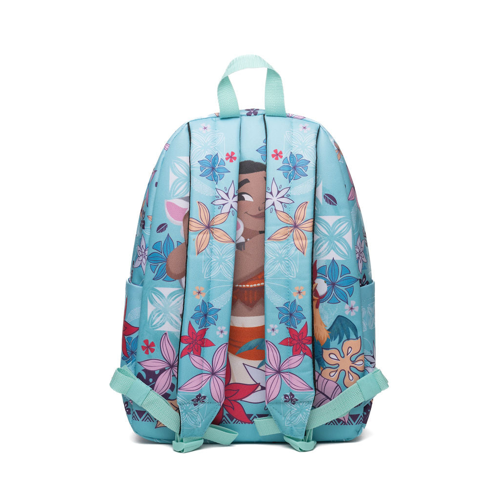 A light blue backpack featuring a colorful  print of Moana on a floral print, shown from the back against a plain white background.