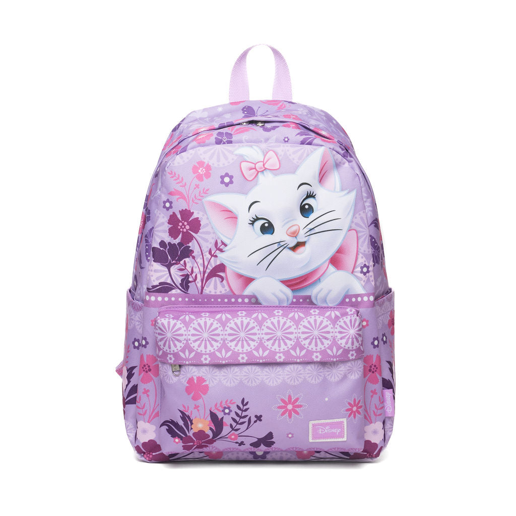 A purple Disney Marie backpack featuring a large graphic of Marie the Aristocat on the front pocket, surrounded by floral patterns and a decorative lace-like band.
