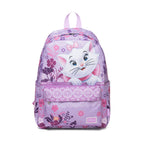 A purple Disney Marie backpack featuring a large graphic of Marie the Aristocat on the front pocket, surrounded by floral patterns and a decorative lace-like band.