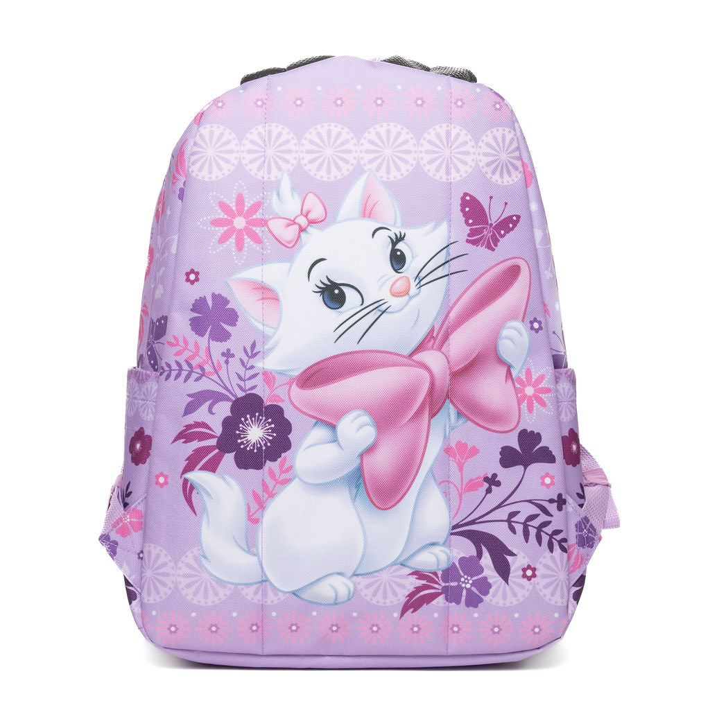 A light purple backpack featuring Marie from The Aristocats, surrounded by pink and purple flowers and butterflies on a white background.