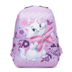 A light purple backpack featuring Marie from The Aristocats, surrounded by pink and purple flowers and butterflies on a white background.