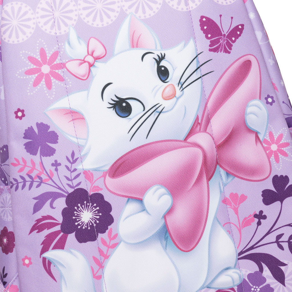 A close-up of the back of a purple backpack featuring Marie with a large pink bow surrounded by floral and butterfly illustrations.