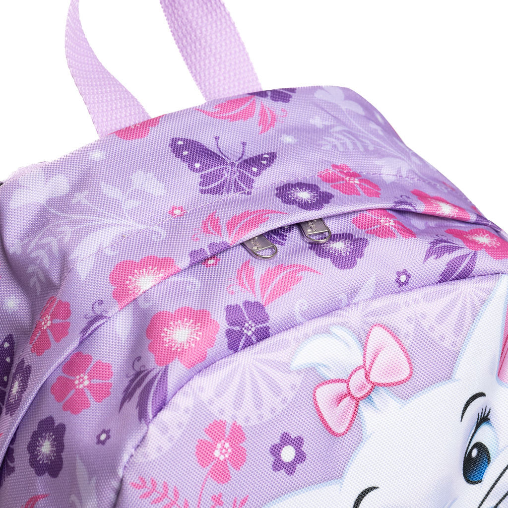Close-up of the top of a light purple children's backpack with a butterfly and floral print, featuring a zipper pull for a large main pocket and lavender handle. A print of Marie's face is just visible in the bottom right hand corner. 