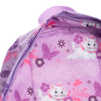 Close-up of WondaPop Disney Marie - The Aristocats 16" School Backpack's custom lining featuring a printed pattern of white cats, purple butterflies, and pink flowers, with a purple zipper.