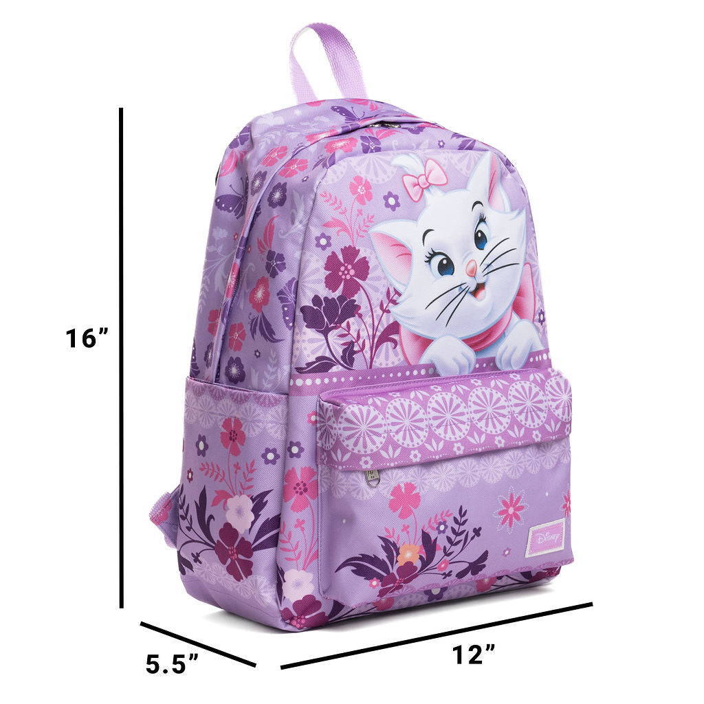 A purple floral-patterned backpack featuring Marie from The Aristocats on the front pocket, shown with black dimension lines and labels indicating 16 inches tall, 12 inches wide, and 5.5 inches deep on a white background.