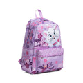 A purple backpack featuring a floral pattern and a large graphic of Marie with a pink bow on the front pocket. The backpack has a top handle, side pockets, and a floral lace-patterned front pocket.