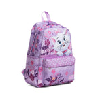 A purple backpack featuring a floral pattern and a large graphic of Marie with a pink bow on the front pocket. The backpack has a top handle, side pockets, and a floral lace-patterned front pocket.