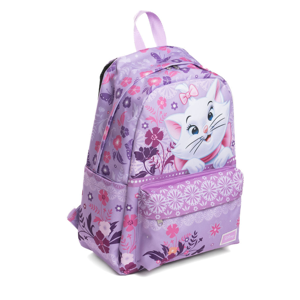 A lavender purple backpack featuring a floral pattern and a large illustration of Marie the white cat on the front pocket, shown against a plain white background.