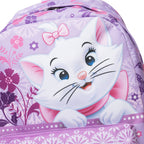 A close-up of a purple backpack featuring a large printed illustration of Marie from The Aristocats in a pink bow surrounded by floral patterns.