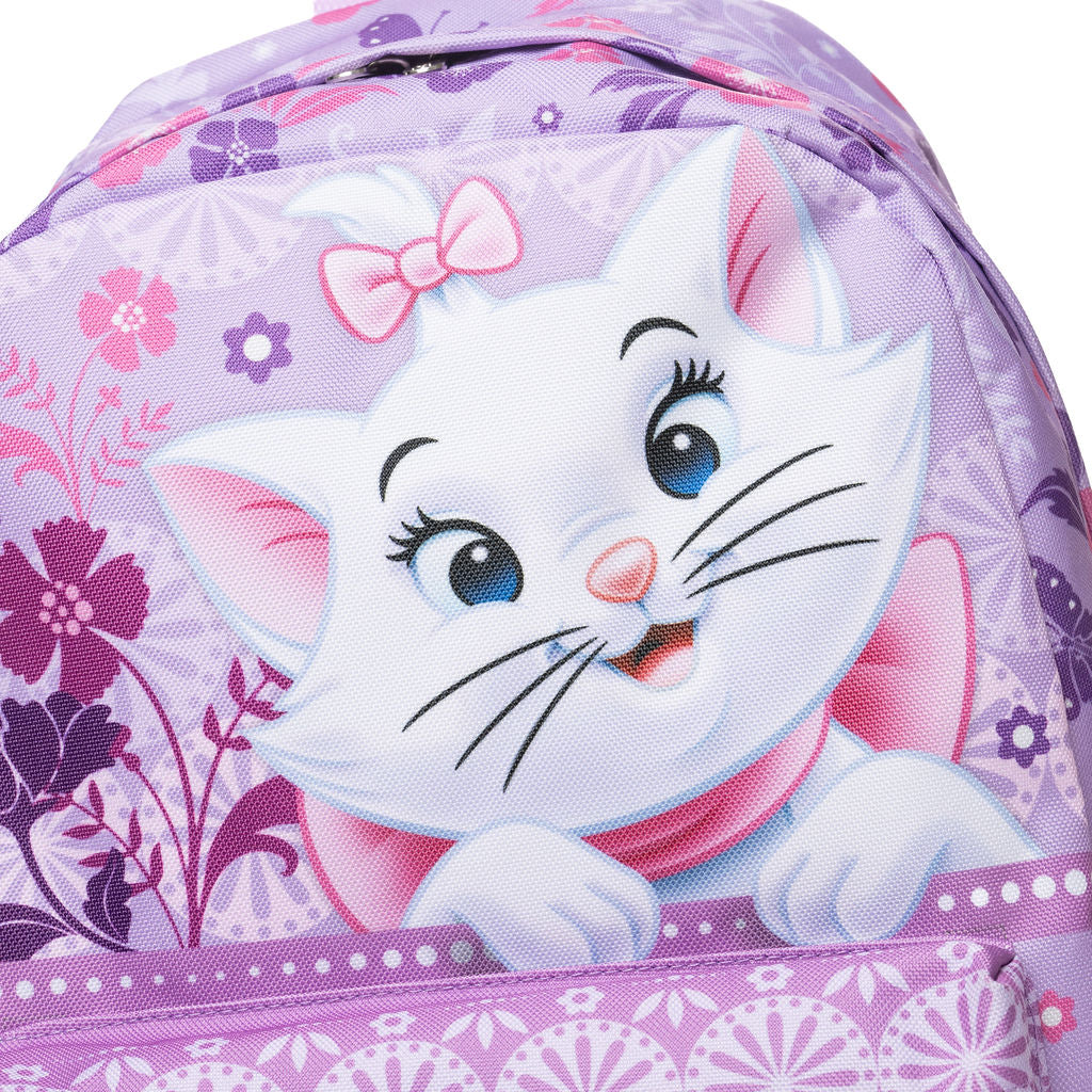 A close-up of a purple backpack featuring a large printed illustration of Marie from The Aristocats in a pink bow surrounded by floral patterns.