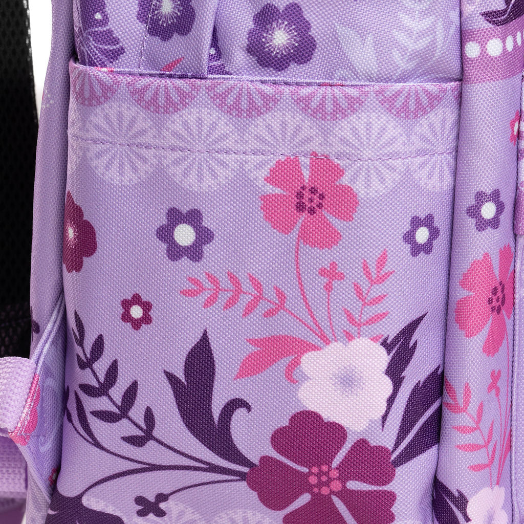 Close-up of WondaPop Disney Marie - The Aristocats 16" School Backpack right side pocket with a floral print featuring pink, purple, and white flowers.