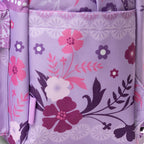 Close-up of WondaPop Disney Marie - The Aristocats 16" School Backpack left side pocket with a floral print featuring pink, purple, and white flowers.