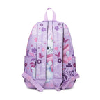 A lavender purple backpack featuring a Marie from The Aristocats design and floral patterns, shown against a plain white background.