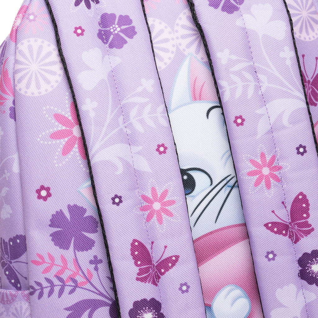Close-up light purple backpack straps featuring pink floral and butterfly patterns. Marie from The Aristocats can be seen peeking through the straps. 