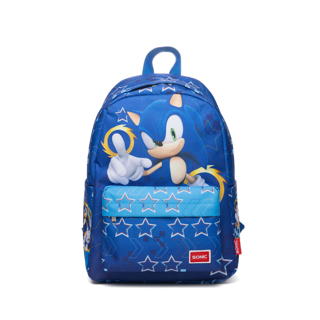 A blue backpack featuring Sonic the Hedgehog graphics, including a large print of Sonic on the front pocket, white star patterns, and a red Sonic brand label.
