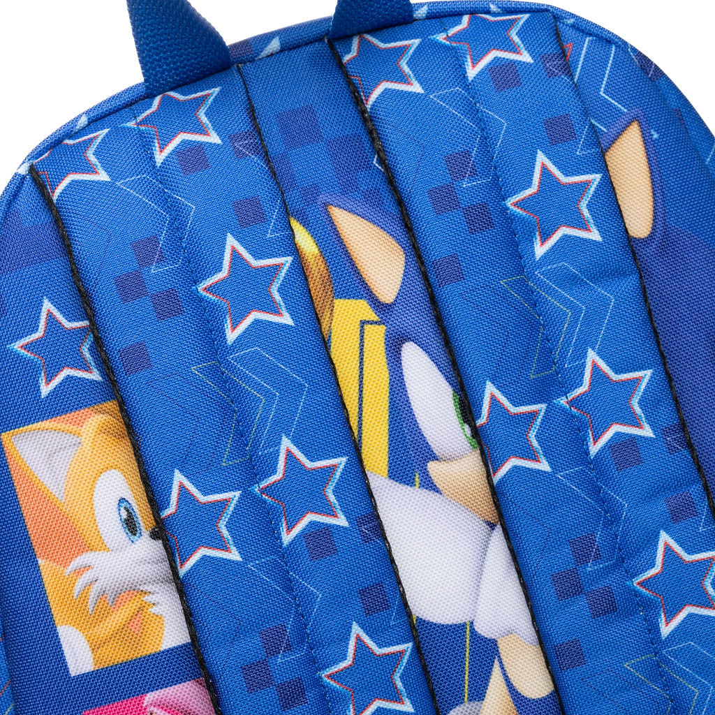 Close-up of a blue backpack straps featuring Sonic the Hedgehog graphics, including stars and geometric patterns. Character graphics can be seen peeking through the straps. 