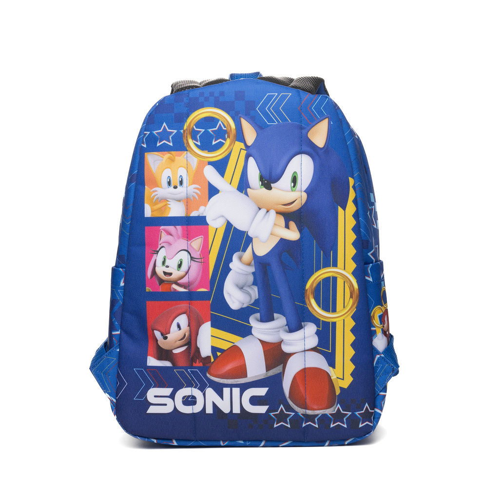 The back of a blue Sonic the Hedgehog backpack featuring a large graphic print of Sonic, Amy Rose, Knuckles, and Tails, with the Sonic logo printed at the bottom, set against a plain white background.