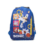 The back of a blue Sonic the Hedgehog backpack featuring a large graphic print of Sonic, Amy Rose, Knuckles, and Tails, with the Sonic logo printed at the bottom, set against a plain white background.