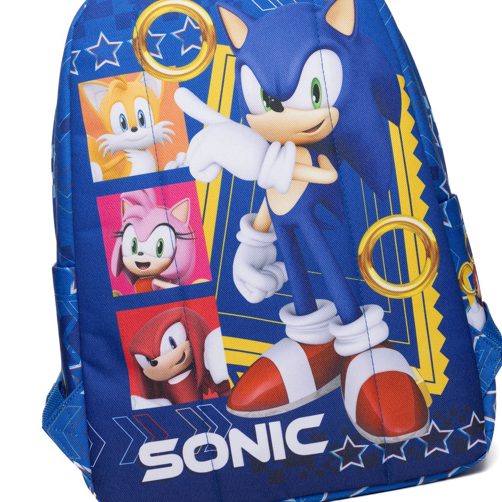 Close up of the back of a blue Sonic the Hedgehog backpack featuring a large graphic of Sonic on the front, with character portraits of Tails, Amy Rose, Knuckles, and the Sonic logo at the bottom.
