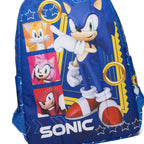 Close up of the back of a blue Sonic the Hedgehog backpack featuring a large graphic of Sonic on the front, with character portraits of Tails, Amy Rose, Knuckles, and the Sonic logo at the bottom.