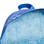 Close-up of WondaPop SEGA Sonic the Hedgehog 16" School Backpack's custom lining featuring Sonic the Hedgehog character prints, with a light blue body patterned with darker blue character outlines.