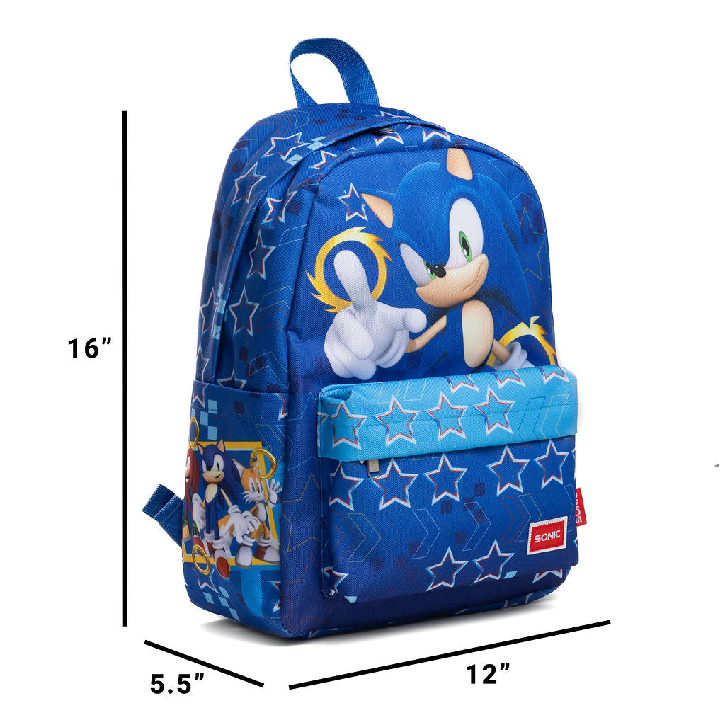 Blue Sonic the Hedgehog backpack with star pattern, shown with dimension lines indicating 16 inches tall, 12 inches wide, and 5.5 inches deep on a white background.