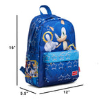 Blue Sonic the Hedgehog backpack with star pattern, shown with dimension lines indicating 16 inches tall, 12 inches wide, and 5.5 inches deep on a white background.