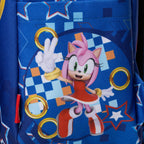 A close-up of WondaPop SEGA Sonic the Hedgehog 16" School Backpack's left side pocket featuring a printed graphic of Sonic the Hedgehog's Amy Rose, surrounded by gold rings and geometric star patterns.