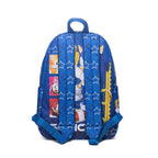 The back of a blue backpack featuring Sonic the Hedgehog character graphics, including Sonic, Tails, and Amy Rose, with a star pattern and a top carrying handle, shown against a plain white background.