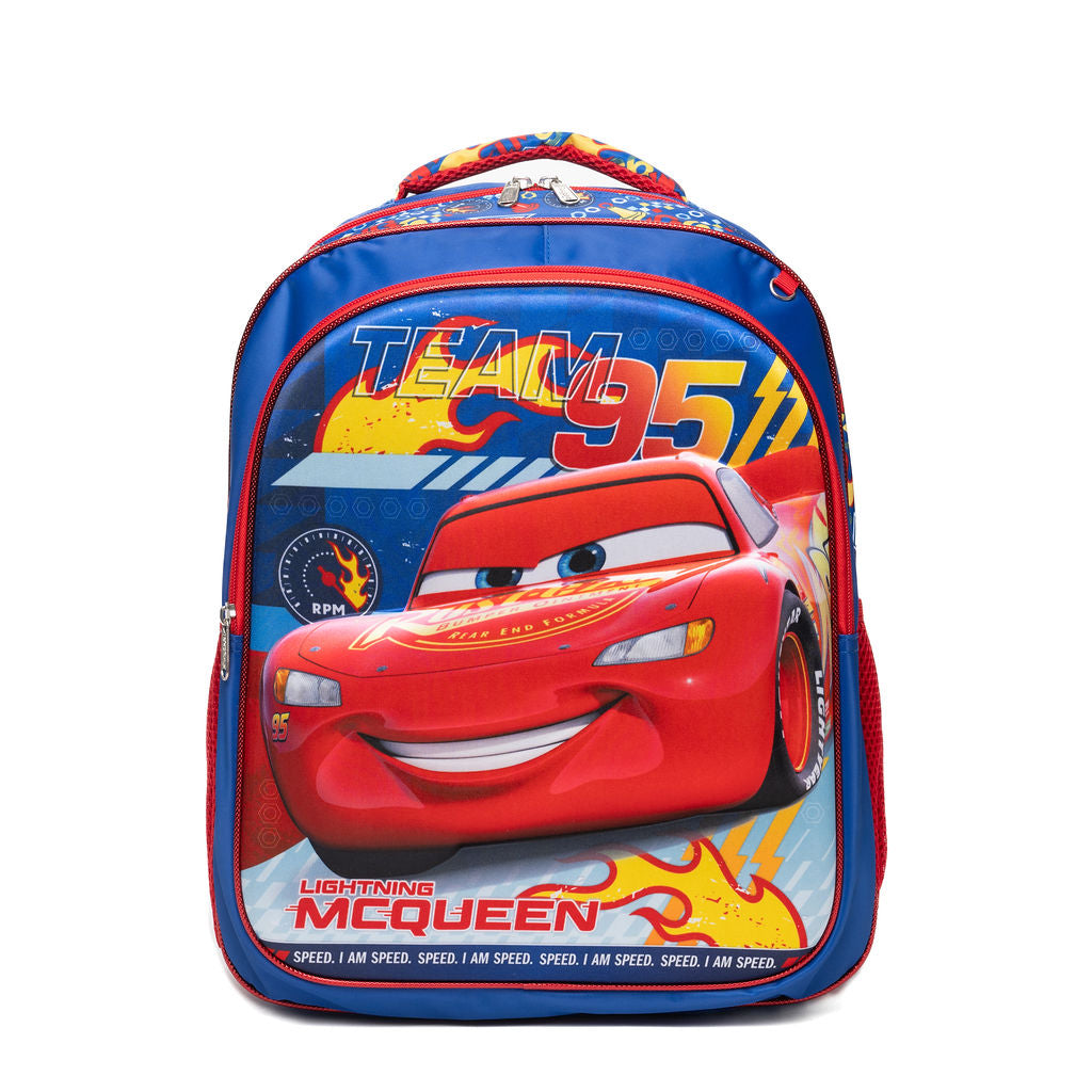 A Disney Pixar Lightning McQueen backpack on a solid white background. The backpack features a vibrant blue base with red trim, a large graphic of Lightning McQueen in the center, and 'TEAM 95' printed in bold yellow and red text at the top.
