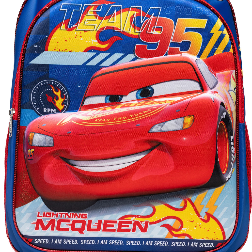 A blue and red backpack featuring a large printed graphic of Lightning McQueen from Disney's Cars, with 'TEAM 95' and 'LIGHTNING MCQUEEN' text on the front.
