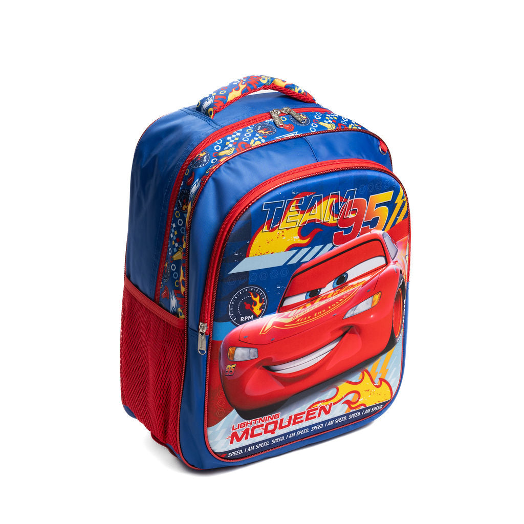 A blue and red Disney Cars backpack featuring Lightning McQueen on the front pocket with 'Team 95' printed above, and a mesh side pocket, shown on a plain white background.