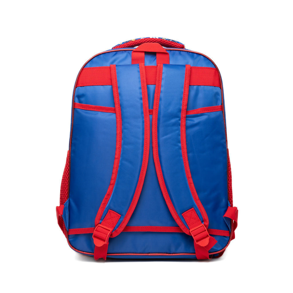 The back view of a blue and red backpack, featuring padded shoulder straps, side mesh pockets, and a top carry handle, isolated on a white background.