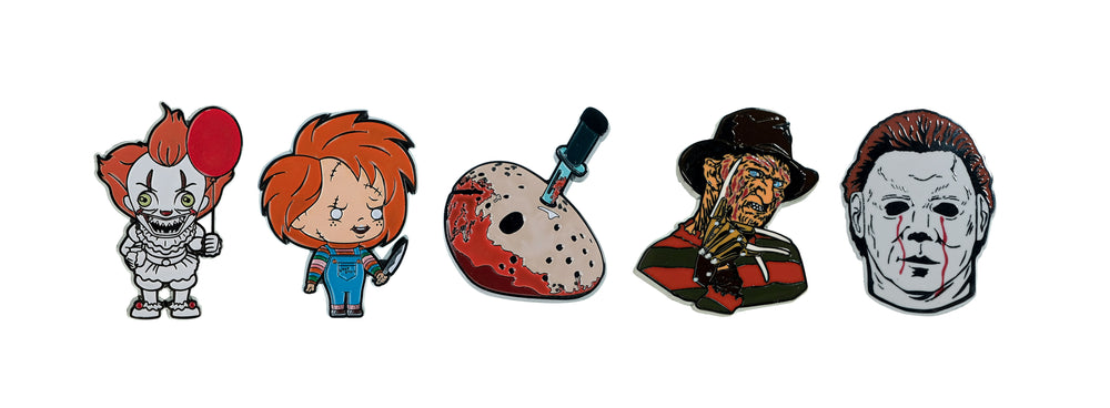5-Pack of Horror Pins featuring Pennywise, Chucky, Jason, Freddy and Michael Myers