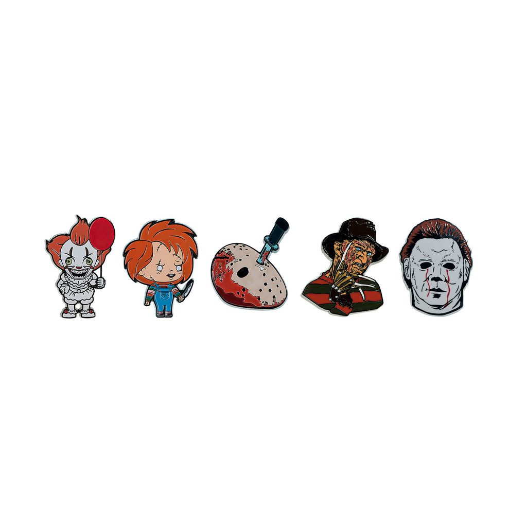5-Pack of Horror Pins featuring Pennywise, Chucky, Jason, Freddy and Michael Myers
