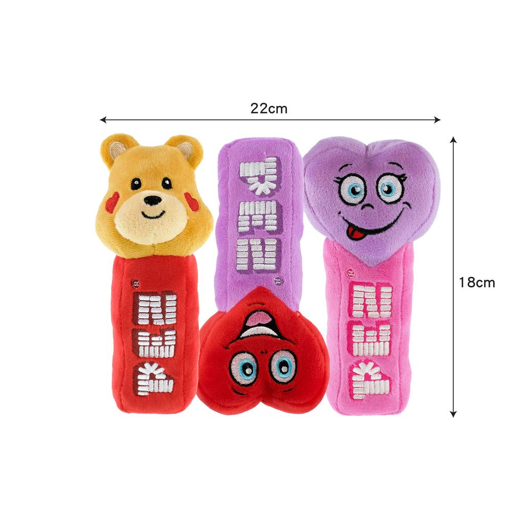 Pez Plush 7-inch set with Teddy Bear, Red Heart and Purple Heart Plush Dispensers