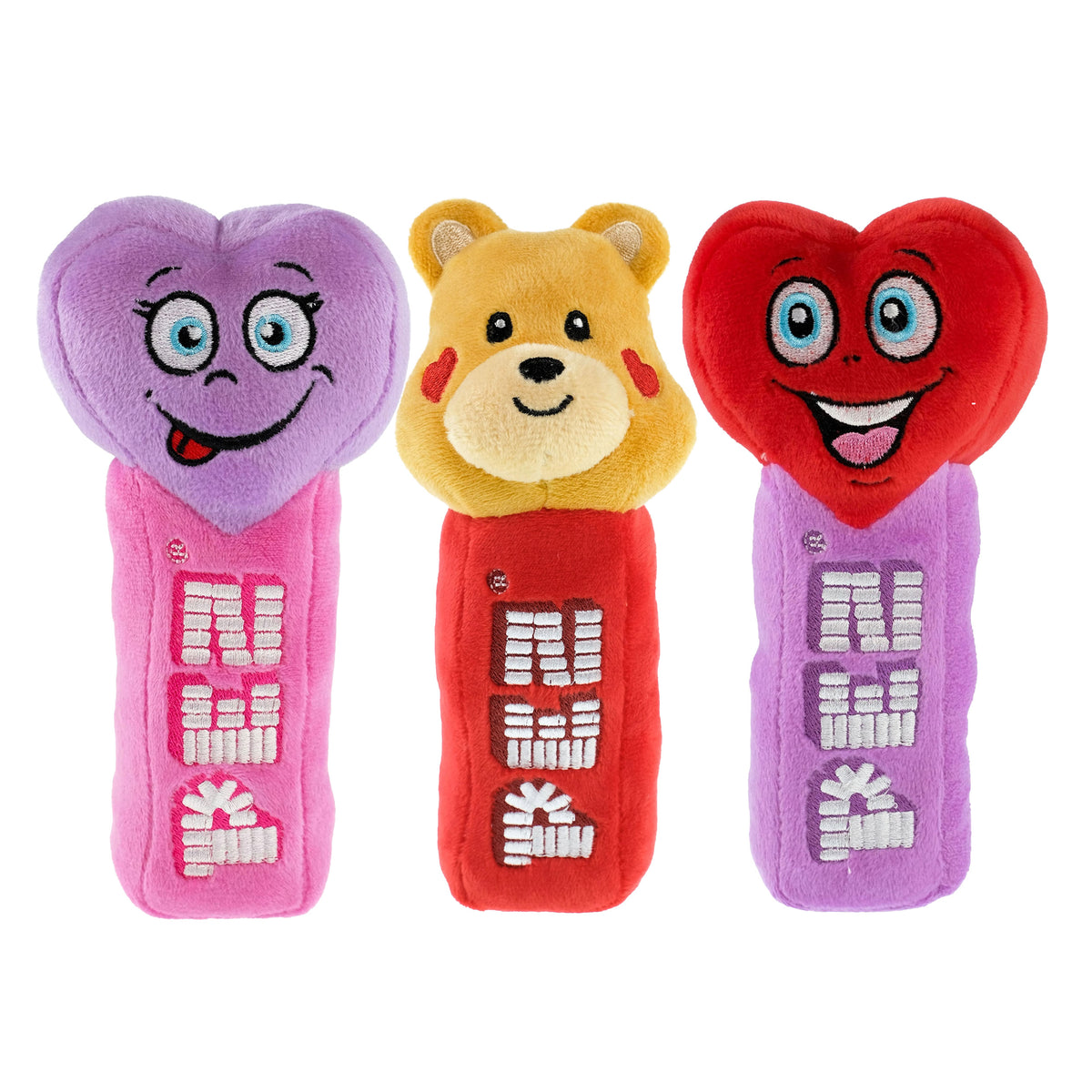 Pez Plush 7-inch set with Teddy Bear, Red Heart and Purple Heart Plush Dispensers